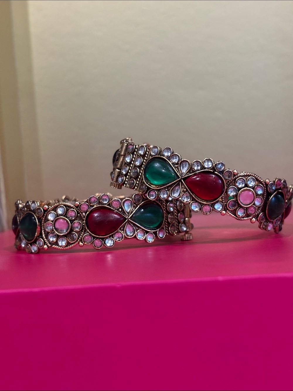 Gold Plated Green & Red Teardrop Kundan-Style Bangle Set